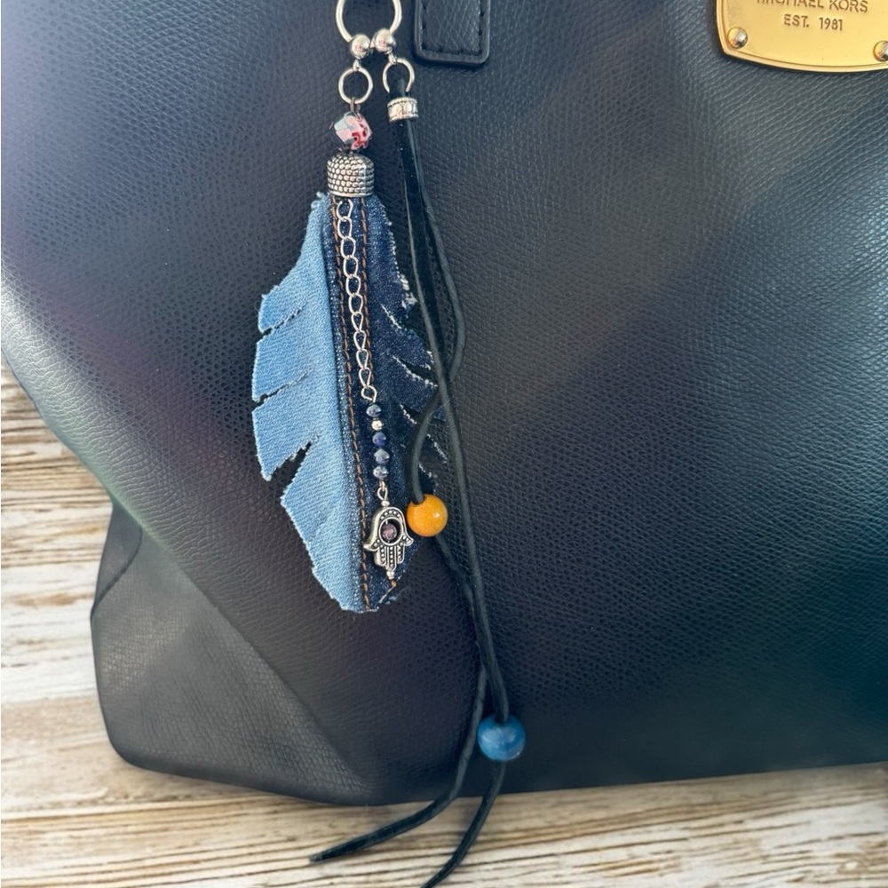 Handmade Leather & Denim Feather Bag Charm – Boho Style